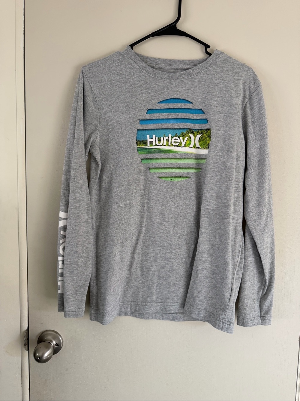 Hurley Gray Long Sleeve Tee with Blue & Green Graphic